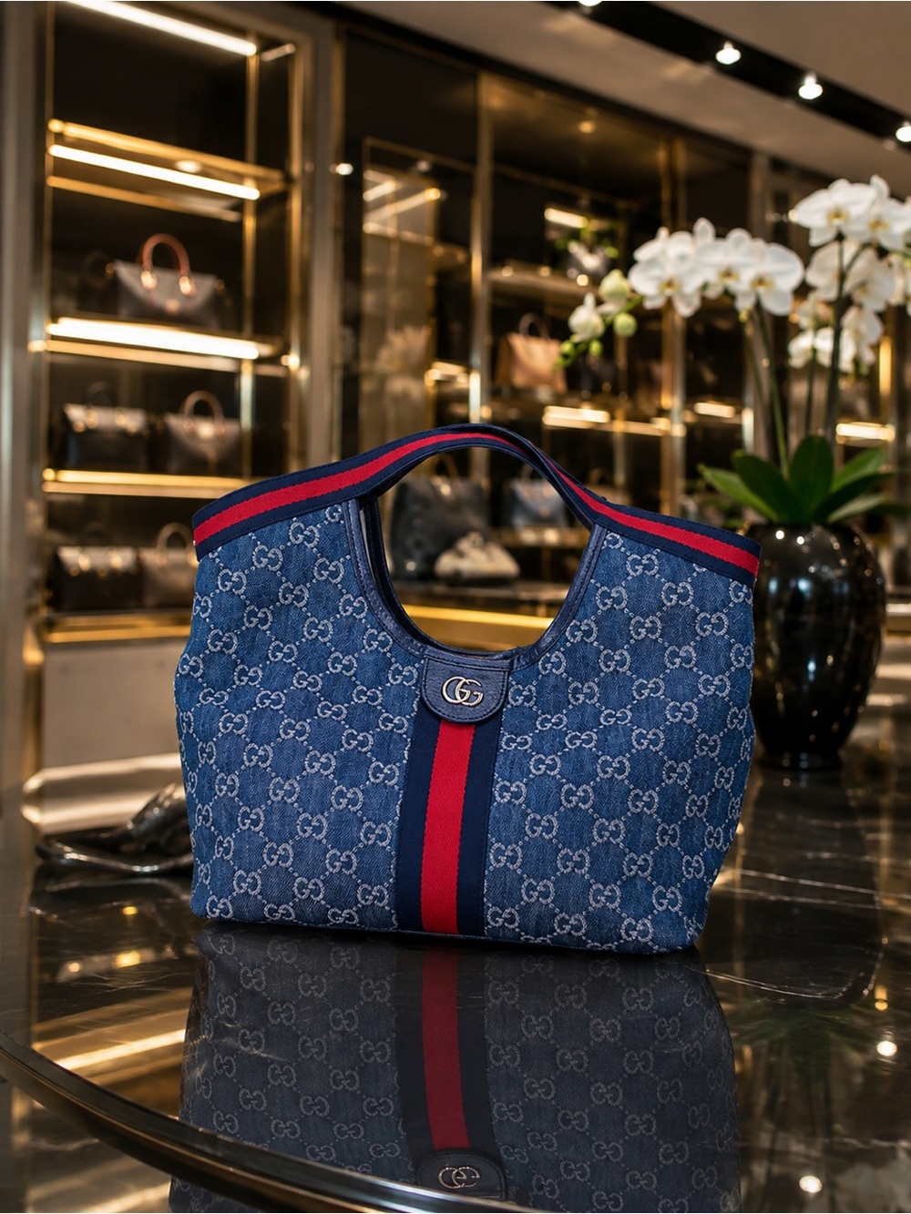 Blue Denim Monogram Hobo Tote Bag with Matching Wristlet